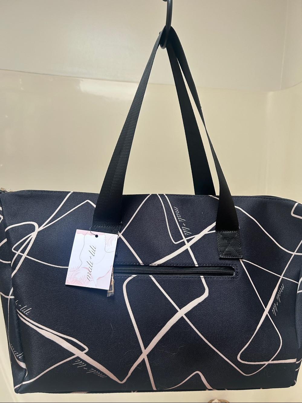 Mali + lili Stylish Black Tote Bag with Abstract Blush Print NWT.
